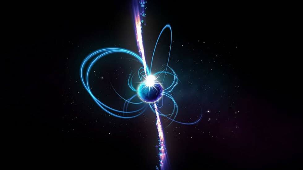 Ilustración del aspecto que podría tener el objeto si se tratara de un magnetar. Los magnetares son estrellas de neutrones magnéticas, algunas de las cuales producen a veces emisiones de radio. Suelen girar cada pocos segundos, pero, 