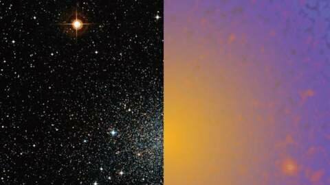 Galaxia enana Sculptor (izq.) y señal de rayos gamma que surge de la aniquilación de la materia oscura. Crédito: (izquierda) Giuseppe Donatiello; (derecha) NASA /DOE/Fermi.